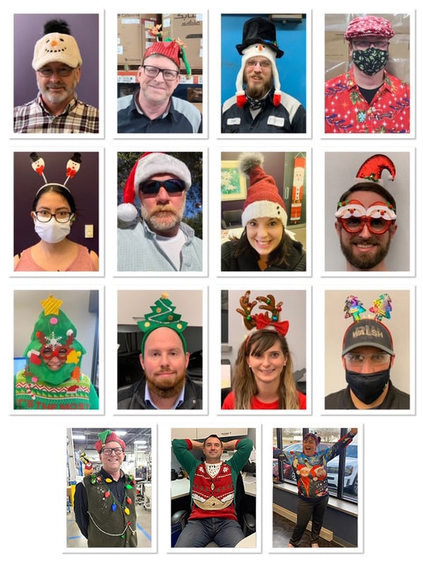 PCI team members showing off their holiday hats and sweaters