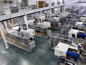 Overhead view of plastic injection molding production space at PCI.